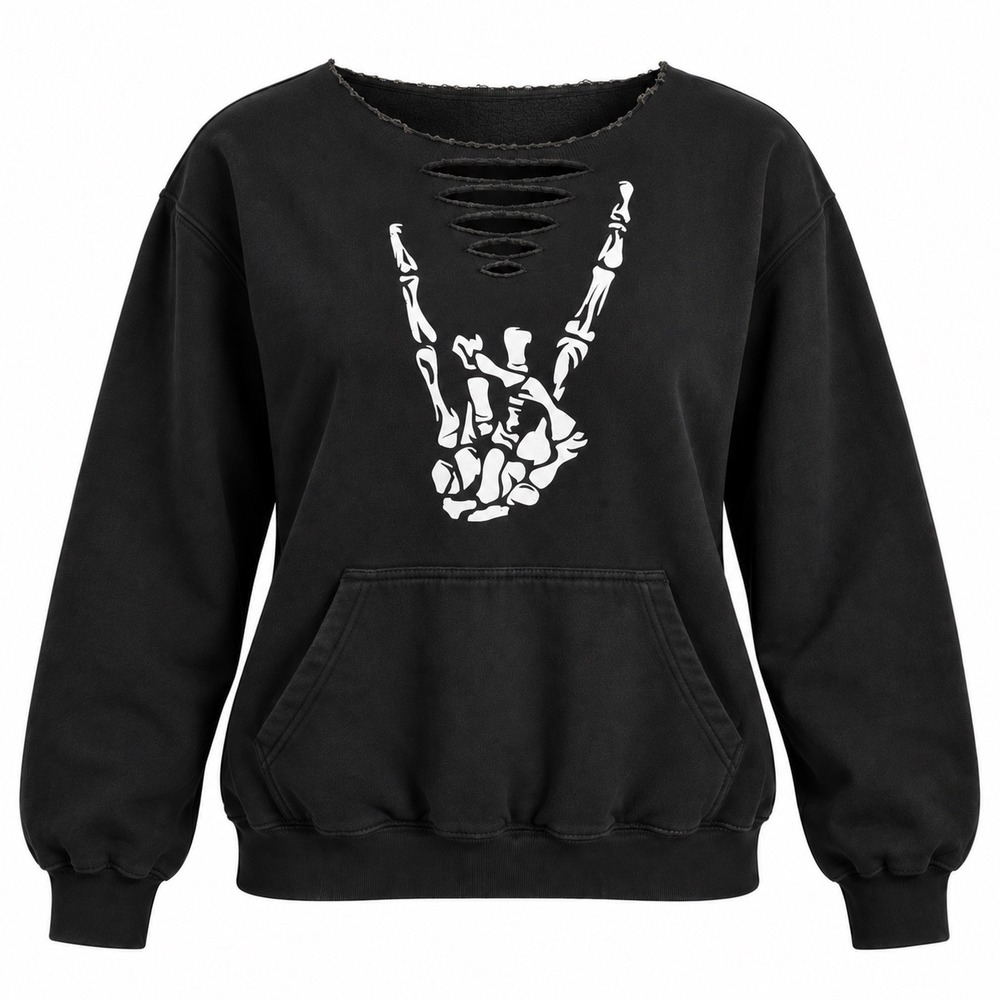 The Drive Clothing Sweatshirt  M Black Skeleton Graphic Cut Neck Streetwear